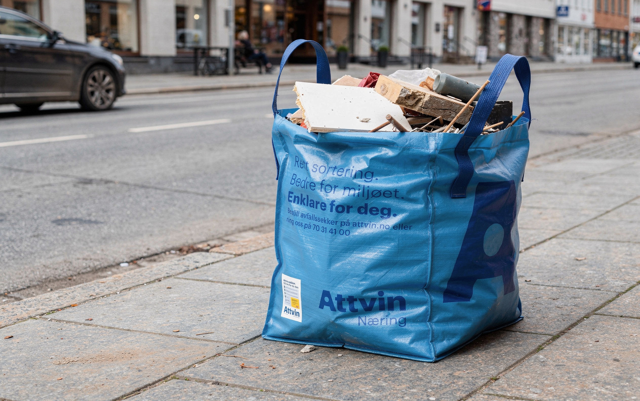 Attvin Big Bag fylt med avfall på fortauet